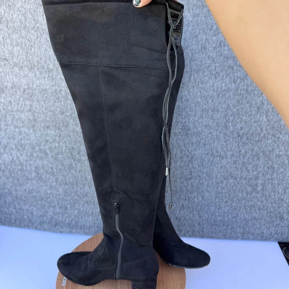 Michael Kors Jaime Black Stretch Over the Knee Boots Chain Accents Mid-Heel Sz 8